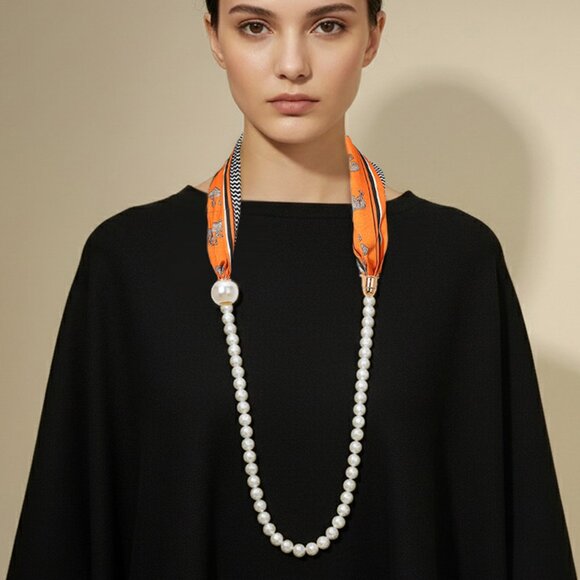 Pattern Print Fabric Scarf Pearl Magnetic Necklace - Picture 1 of 7